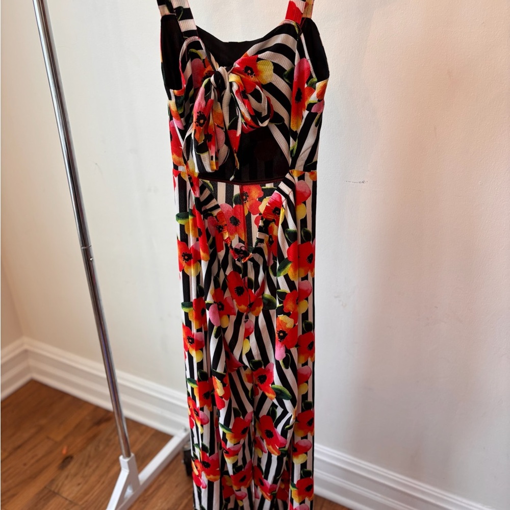 Striped Black & White Floral Romper - Picture 4 of 6